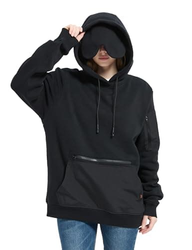Relexit Travel Hoodie with Eye Mask Built In Sweatshirt for Airplane Sleep and Long Trips, Soft Comfy Pullover, Black, Medium