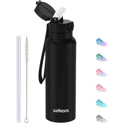 GOPPUS 750ml/26oz Stainless Water Bottle with Straw Double Wall Insulated Bottles with Strap Reusable Vacuum Thermal Flask Leakproof Keep Cold Drinks Bottles with Flip Top Lid BPA Free (Black)