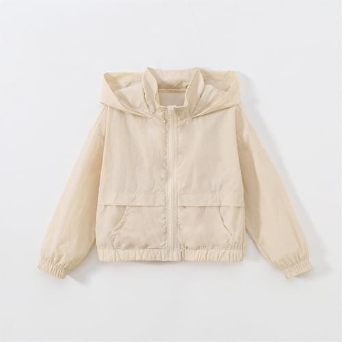 Boys Girls Rain Jacket Spring Fall Waterproof Zipper Hooded Raincoat Teen Kids Plain Lightweight Windbreaker with Pockets Breathable Packable Rain Coat (UK, Age, 11 Years, 12 Years, Regular, Beige) — view 3
