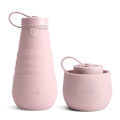 STOJO Collapsible Bottle - 20oz / 592ml - Reusable & Leakproof Silicone Travel Water Bottle for Sport, School, & Everyday Use - Sports Cap - Portable - Dishwasher Safe - Carnation