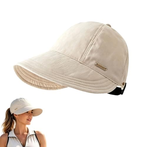 Women's Wide Brim Sun Visor Hat, UPF 50+ UV Protection Cap for Ponytails, Adjustable Packable Breathable Sun Visor Hat for Travel Golf Beach Fishing Daily Wear,Beige