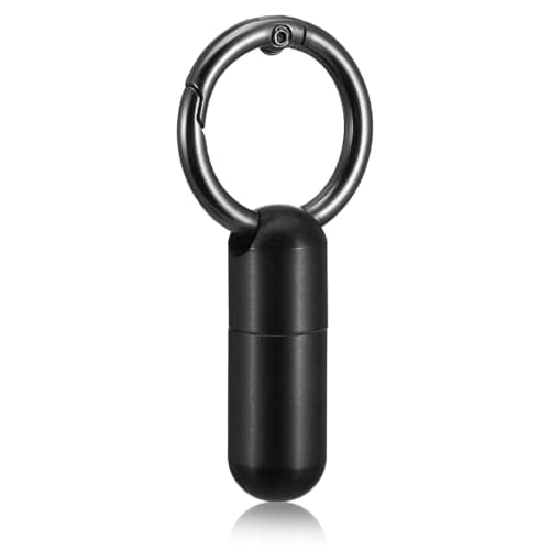 Ptwola Small Pill Case Keychain Tiny Portable Carabiner Clip Pill Holder Bottle Micro Waterproof Metal Pill Container Mini Emergency Medicine Organizer for Outdoor Camping Travel Purse Pocket(Black)