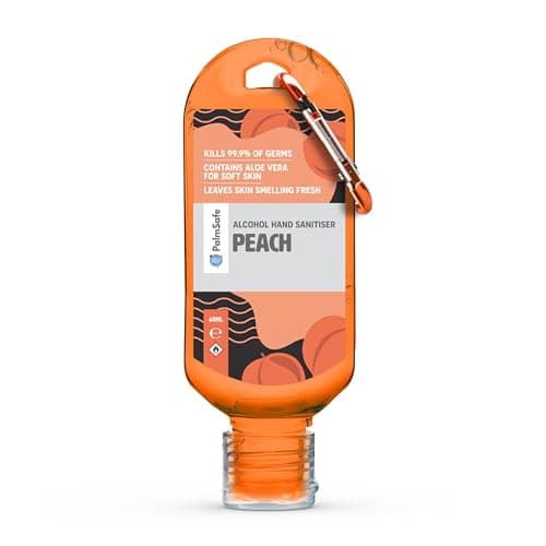 Palm Safe Peach 60ml Anti Bacterial Premium Hand Sanitiser Travel Size Refillable Clip Bottle Quick Drying Non Sticky Extra Moisturising Kills 99.9% of Viruses and Bacteria