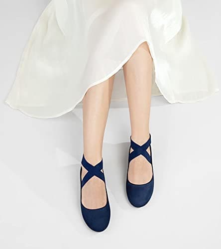 MaxMuxun Womens Ballerina Ankle Elastic Crossing Strap Round Toe Comfy Pump Shoes Navy Blue — view 4