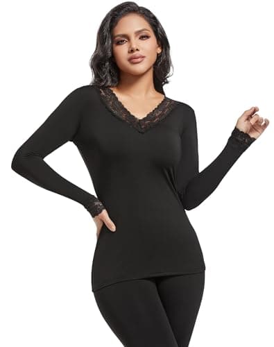 MOSCOAL Fleece Lined Thermal Tops for Women Long Sleeve Lace Trim Base Layer V Neck Shirt, Black, L