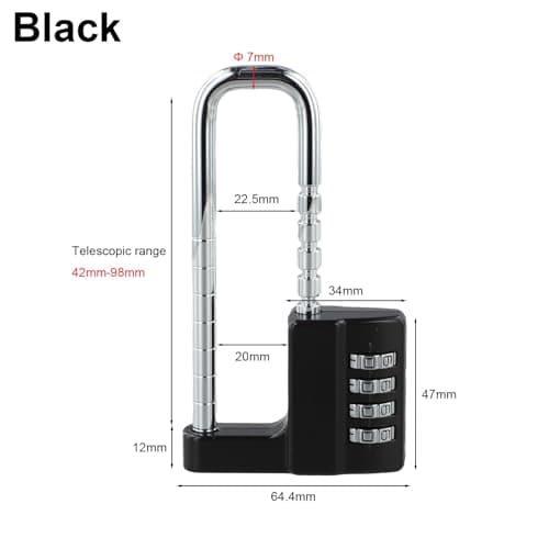 Gettimore Adjustable U-Shaped Combination Lock for File Cabinet Wardrobe Door 4 Digit Mechanical Password Padlock Alloy Steel Security Lock Telescopic 42-98mm Silver Black — view 4