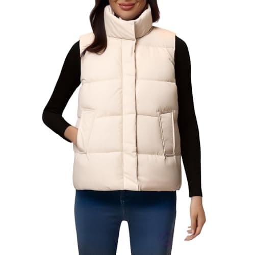 Cocila Womens Gilet Bodywarmer Puffer Vest Quilted Hooded Vests Button Down Sleeveless Casual Zip Up Padded Winter Coat (Beige, L) Navy Fleece Cream Women Cotton Thermal Tops Coats For Red Golf