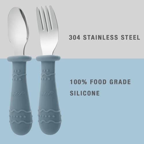 PandaEar 6 Pack Toddler Cutlery Set| Baby Fork and Spoon Set| Stainless Steel Childrens Kids Cutlery| Baby Cutlery Self Feeding 12 Months Plus with Silicone Holding Anti-Choke Design (Blue/Brown/Red) — view 3