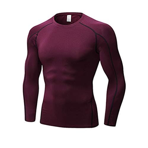 LANBAOSI Men's Gym Running Base Layer Top and Leggings Set Long Sleeve Compression Shirt Tights Thermal Underwear Suit, Wine Red, XL — view 2