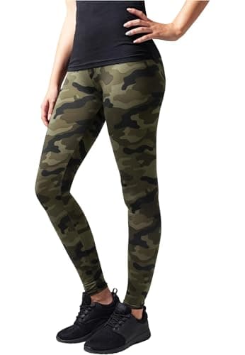 Urban Classics Women's Camouflage Leggings, Comfortable Sport Pants, Stretchy Workout Trousers with Green Military Print, Regular Skinny Fit, Size: Large Wood camo, M