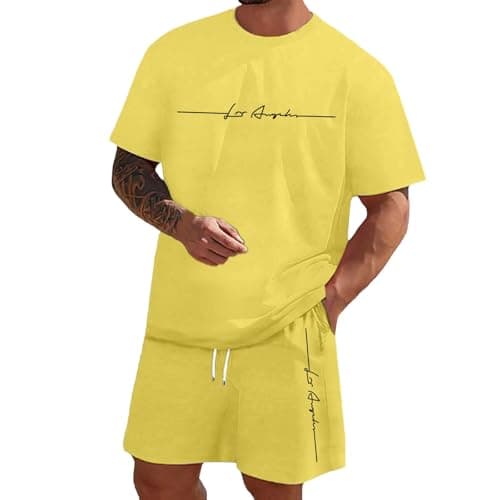 Generisch Men's Jogging Suit, Short 2-Piece Comfortable T-Shirt & Shorts Set, Cotton Mix, Oversized Street Print, Breathable, Sports, Leisure Outfit for Training, Streetwear, Travel, Yellow-2, M