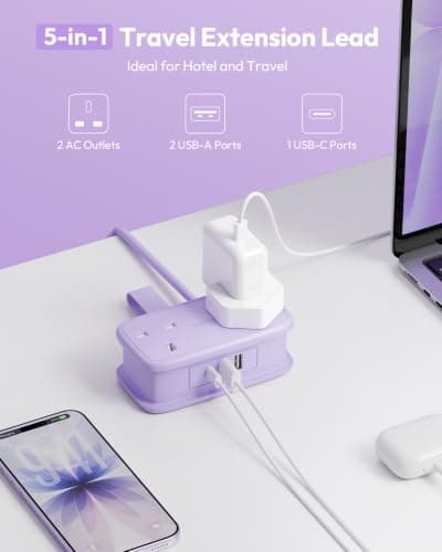 NTONPOWER Travel Extension lead with USB Slots,Rollable 1.2M Extension Cord with 2 Way Outlets 3 USB（1 Type C), Purple Extension Lead for Cruise Travel Essentials Hotel Home Office — view 3