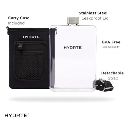 Hydrte Travel Mini Water Bottle with Strap & Sleeve – 500ml BPA-Free Slim Flat Reusable Water Bottle, Leak Proof (Nero Black) — view 3