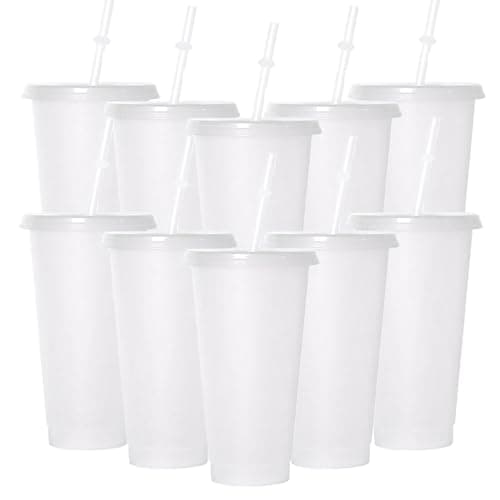 Punklong 10 Pack Clear Plastic Cups with Lids and Straws,24 oz Reusable Clear Plastic Tumblers,Party Tumbler Cup Iced Coffee Cup Travel Mugs for Adult Kid Women Party and Beach