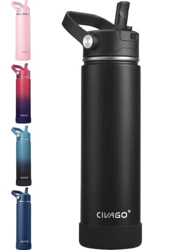 CIVAGO Insulated Stainless Steel Water Bottle with Detachable Straw, 750ml Metal Sports Drink Bottle with Bucket Handle, Leakproof Reusable Flask with Silicone Boot for Travel, Dishwasher Safe, Black