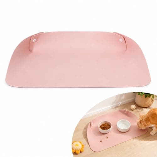 Pet Feeding Mat, Pink Waterproof Cat Dog Placemat 45x30cm with Foldable Raised Edges, Wipe-Clean PU Leather Dog Bowl Mat for Food Water Bowls, Cats & Small Dogs