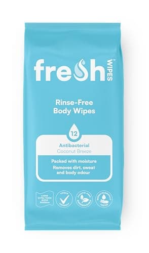 FreshWipes Antibacterial Body Wet Wipes For Adults 1 Pack (12 Wipes) - Coconut Breeze - Extra Large Biodegradable - Dermatologically Tested & Suitable for the Elderly or Disabled - Great for Camping