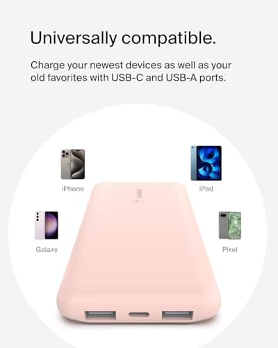 Belkin 10000mAh portable power bank, 10K USB-C portable charger with 1 USB-C port and 2 USB-A ports, battery pack for up to 15W charging for iPhone, Samsung Galaxy, AirPods, iPad, and more - Rose Gold — view 6