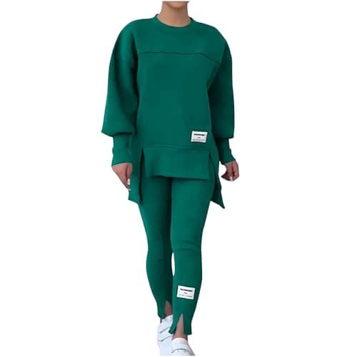 NSICBMNO Green Womens Tracksuit Set 2 Piece Outfits Oversized Sweatshirts Gym Leggings Airport Out Long Jumpers Split Hem Trousers Casual Co Ord Sets Winter Lounge Wear Sets For Gym Sports Travel