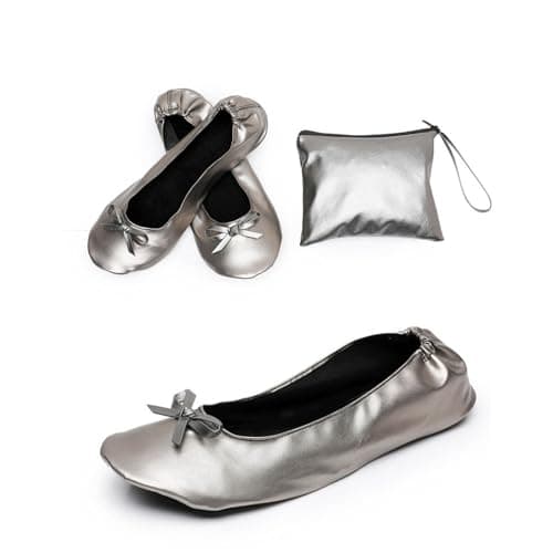 Women's Foldable Ballet Flats with Carrier Pouch Lightweight Comfy Portable Leather Roll Up Pumps with Bow After Party Non-Slip Soft Sole Flat Shoes for Ballerina Wedding & Travel Walking Grey — view 2