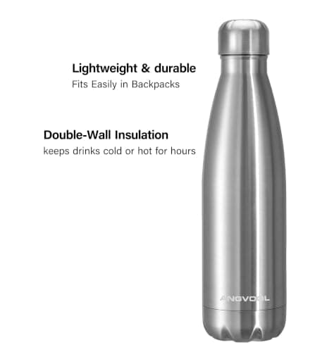 ANGVOOL Insulated Water Bottle, Stainless Steel Metal Thermal Flask for Hot and Cold Drinks, Leak Proof BPA Free Drinking Bottles for Kids or Adults (Silver, 500ml) — view 2