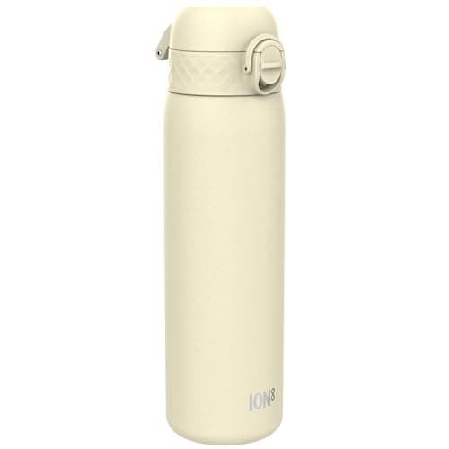 Ion8 Lightweight Steel Water Bottle, 600 ml/20 oz, Non-Insulated, Leak Proof, Easy to Open, Secure Lock, Dishwasher Safe, Flip Cover, Fits Cup Holders, Carry Handle, Metal Water Bottle, Creamy White
