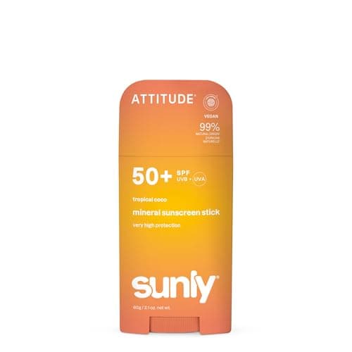 ATTITUDE Mineral Sunscreen Stick SPF 50, Broad Spectrum Zinc Oxide, EWG Verified, Non-Nano, Mess-Free Stick for Face & Body, Lightweight Non-Greasy, Vegan, Tropical Coco Scent, 60 grams