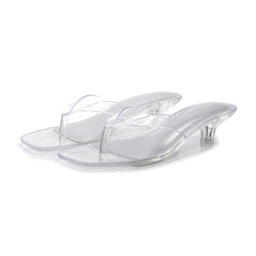 Flip Flops Women's Sandals with Transparent Strap Open Toe Fashionable Mules with Kitten Heel Toe Post Sandals for Slip-On Fashionable Comfortable Lightweight Summer Beach, White, 5 UK
