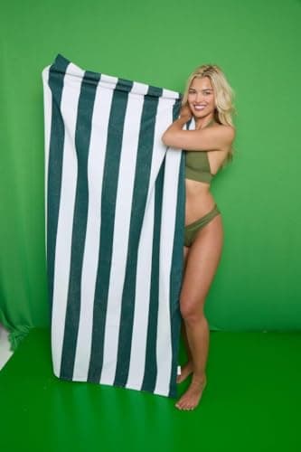 Extra Large Sand-Free Beach Towel – Lightweight, Compact & Absorbent Microfibre Travel Towel, Quick Dry & Fast Packing – Ideal for Camping, Holidays, Gym, Yoga & Sports (Cabana Stripe - Green) — view 2