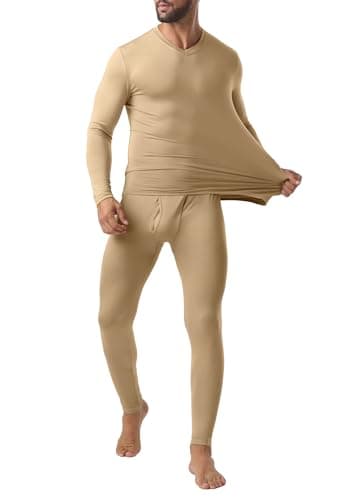 QIXING Mens Thermal Underwear Set Fleece Lined Long Johns Warm Base Layer Set for Winter Ski Football Work (Light Camel, L) — view 2