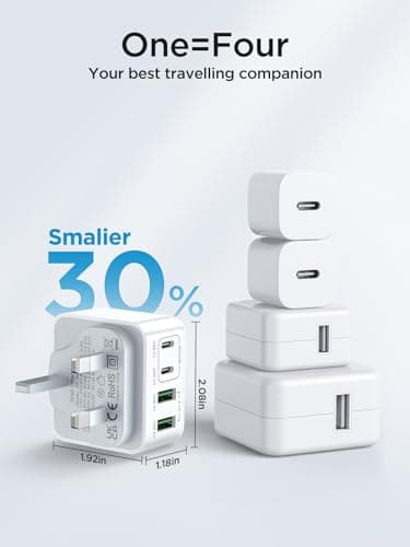 USB C Plug UK, 40W 4-Port Fast Charge USBC Plug Multi USB Charger Dual PD Power Adapter +QC Wall Charger Type C Charging for iPhone 17 16 15 14 13 12 11 Pro Max, Samsung Galaxy, iPad — view 6