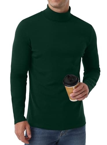 Hisir Men's Thermal Top, Long Sleeve Cotton Roll Neck Base, Dark Green, L — view 5