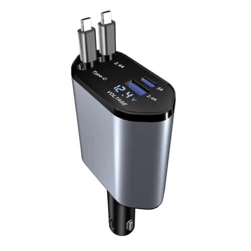 Retractable Car Charger,120W 4 IN 1 Super Fast Car Charger Adapter, Car Phone Charge with 2 Retractable Cable + USB/USB-C Ports and Voltage Display for i-Phone 16 15, i-Pad, Android etc