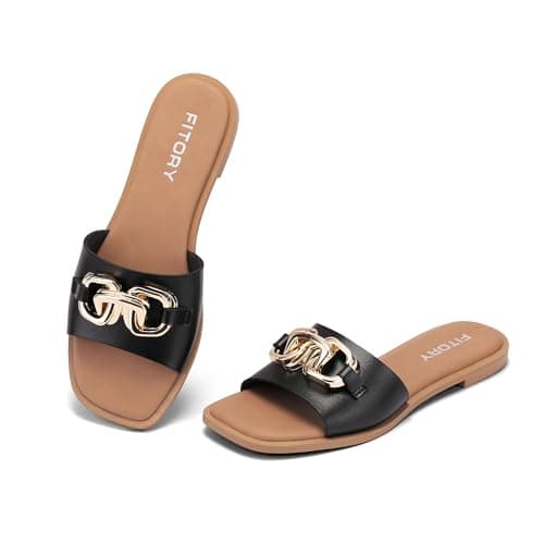 FITORY Women Flat Sandals Slip On Leather Slide Summer Dark Black Size 6