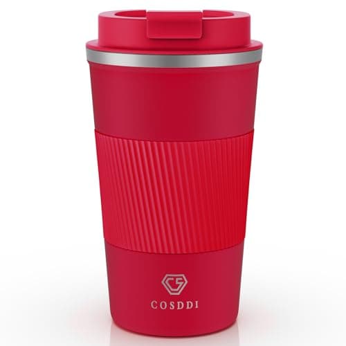 CS COSDDI Travel Mugs, Insulated Coffee Cup with Leakproof Lid - Reusable Coffee Cups Travel - Car Coffee Cup - Stainless Steel Coffee Mug for Hot and Cold Water and Tea(Red-A, 510 ml)