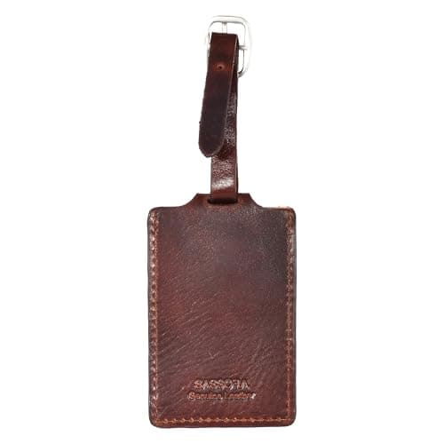 Sassora Genuine Leather Luggage Tag for Suitcases & Bags | Name ID Card Holder with Secure Buckle Strap & Privacy Flap | Travel Identifier for Men & Women (Dark Brown) — view 5