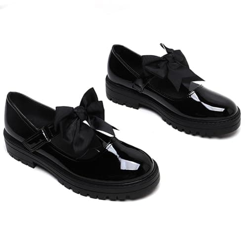 Girls Patent Black Mary Jane with Detachable Bow On Strap - Kids Back to School Comfortable Anti-Slip Flat Shoes (Black Patent, UK Footwear Size System, Big Kid, Women, Numeric, Medium, 3) — view 2