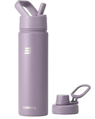 SUNWILL Metal Water Bottle with Straw Stainless Steel, 650ml Insulated Leakproof Thermal Flask for Cold and Hot Drink, Travel, Sports, Gym, Muted Violet
