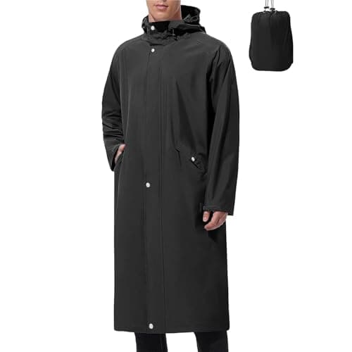 Packable Waterproof Jacket Mens Long Raincoats for Men Pack Away Hooded Rain Jackets Baggy Water Resistant Windbreaker Windproof Showerproof Coat with Hood Fishing Clothes Tall — view 2