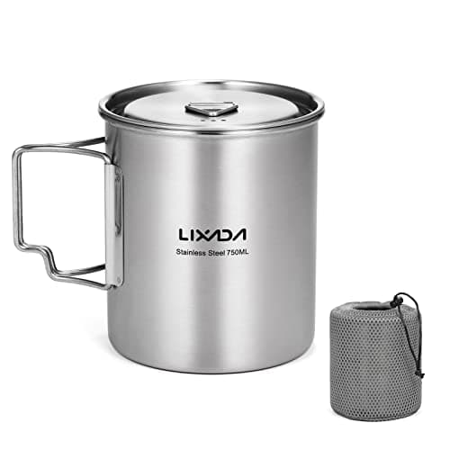 Lixada Camping Water Cup with Foldable Handles and Lid 750ml Stainless Steel Mug Hanging Pot for Camping Hiking Backpacking Picnic
