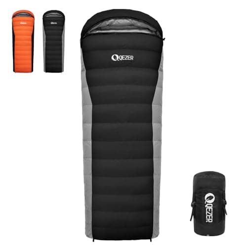 QEZER Down Sleeping Bag,Lightweight Rectangular Winter Sleeping Bag [1180g/1860g] for Adults and Kids 4 Season Camping, Hiking,Warehouse and Moutaineering Outdoor (Black, 500g down)