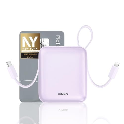 VINKO Small Power Bank with Built-in Cable,10000mAh Fast Charging Power Bank, 22.5W USB C Portable Charger, Mini Battery Pack for iPhone 16 15 14 13 Samsung Galaxy Google Android (Purple)