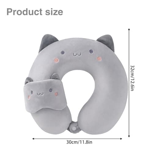Travel Pillow Kids Travel Pillow with Sleep Eye Mask Cute Neck Pillow for Travel Soft Memory Foam Travel Neck Pillow for Adults and Kids Airplane Sleeping Travel and Camping (grey cat) — view 2