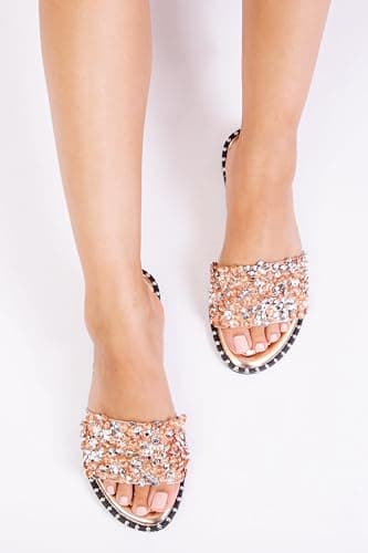 Fashion Thirsty Womens Ladies Flat Low Heel Diamante Sandals Slip On Party Wedding Bling Sliders Slides Beach Pool Holiday Travel Sandals — view 2
