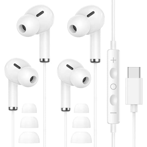 2 Pack USB C Headphones for iPhone 17 16 15 Pro Max, Type C Earphones with Microphone & Remote Control Noise Cancelling Wired Earbuds USB C Earphone for Samsung S24 S23 S22 S21 Ultra, Pixel 8 9, White