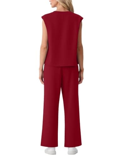 GRECERELLE Two Piece Outfits Women Summer Sleeveless Lounge Wear Sets for Women UK With Elastic Waisted Wide Leg Trouser and Top with Shoulder Pads (Wine Red, L) — view 6