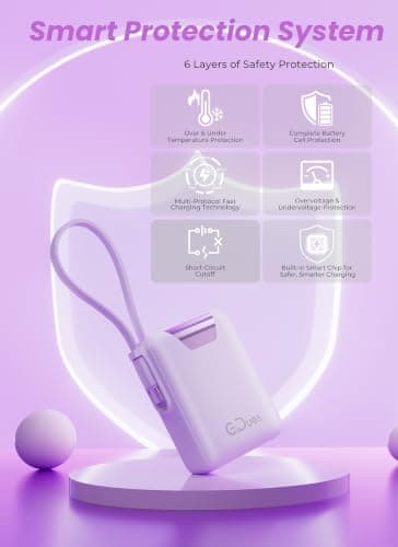 Gidues M1 Mini Portable Charger, 10000mAh Ultra-Compact Power Bank, 22.5W PD Fast Charging, Tpye-C Built-in Cable, Small External Battery Pack for iPhone, Samsung, Android iPad (Purple) — view 4