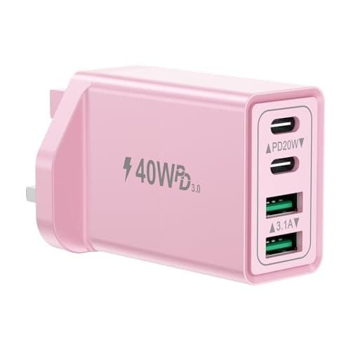 USB C Plug, 40W 4-Port Multi USB Plug UK Fast Charger Plug Dual Port USB-C Power Adapter + QC USB Wall Charger Head Multiport Type C Charging Plug for iPhone 16 15 14 13 12 11 Pro Max, iPad, Samsung