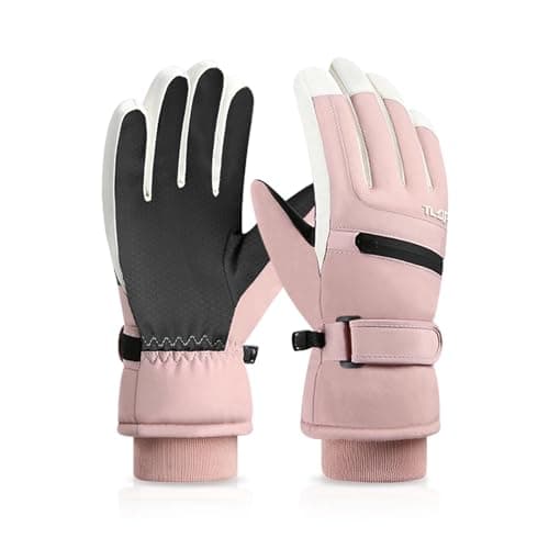 Feelorna Waterproof Ski Gloves for Women, Winter Plush Lining Thermal Touchscreen Gloves with Zip Pocket, Windproof Anti-slip Warm Snow Glove for Skiing Bike Motorcycle Cycling (pink)