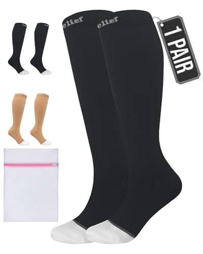 360 RELIEF Compression Socks for Kids - Open Toe Graduated Compression Stockings, Flight Socks, Running, S/M, Black + Laundry Bag